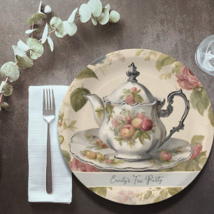 Vintage Teapot Floral Bridal Shower Tea Party Paper Plate