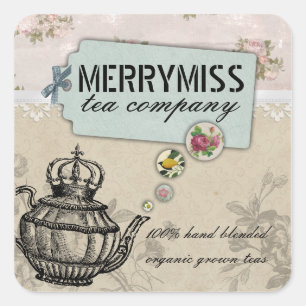 Vintage teapot flower bubble shabby chic tea label