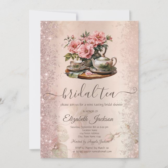Vintage Teapot Flowers Glitter Sparkle  Invitation (Front)