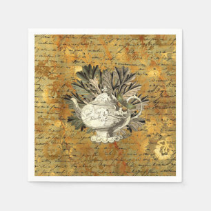 Vintage Teapot & Golden Ephemera  Paper   Napkin