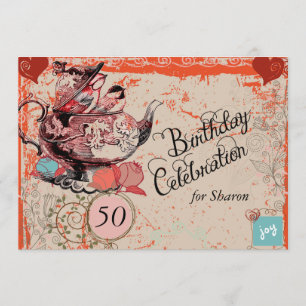 Vintage Teapot Grunge Custom Birthday Invite