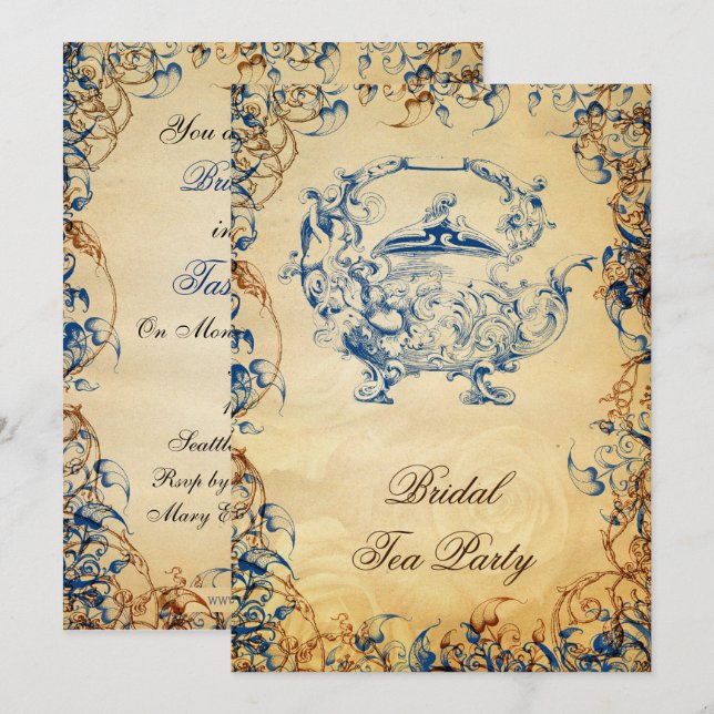 Vintage Teapot navy blue Rustic Bridal Tea Invites (Front/Back)
