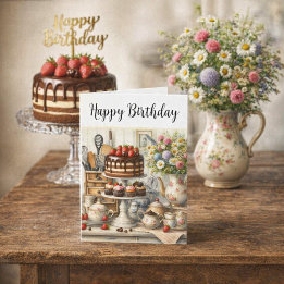 Vintage Teapot Teacup and Chocolate Cake Birthday  Card
