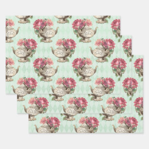 Vintage Teapots and Roses Wrapping Paper Sheet