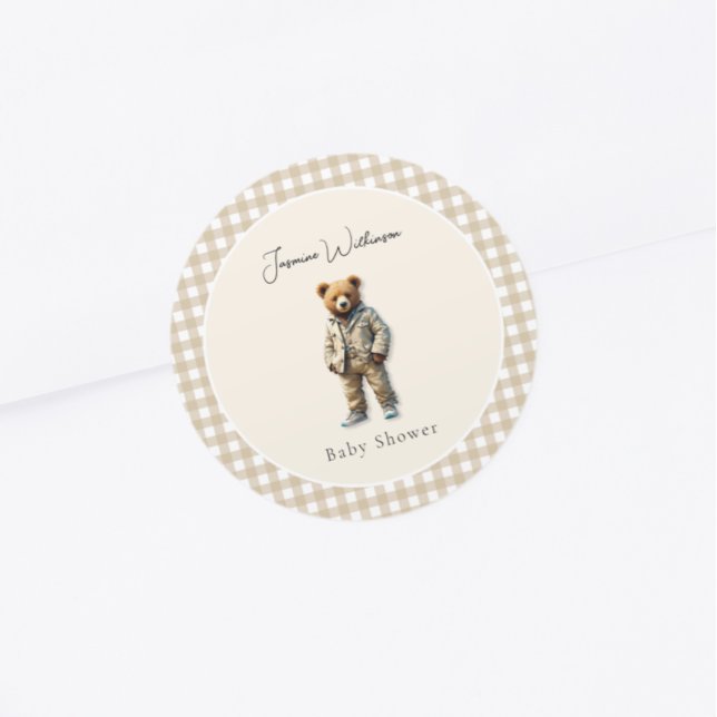 Vintage Teddy  Baby Shower Classic Round Sticker (cute neutral vintage teddy baby shower sticker )