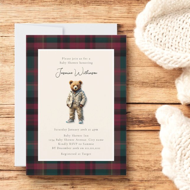 Vintage Teddy Baby Shower Invitation (vintage teddy bear baby shower invitation, modern simple elegant tartan plaid )