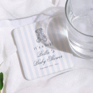 Vintage Teddy Bear Blue Boy Baby Shower Square Paper Coaster