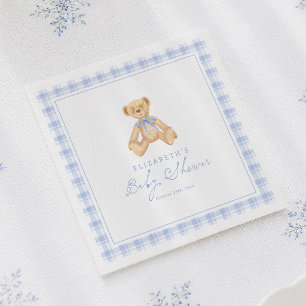 Vintage Teddy Bear Blue Gingham Baby Shower Napkin