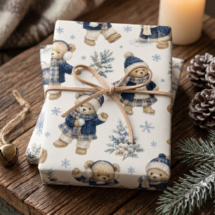 Vintage Teddy Bear Blue Tartan Evergreen Wrapping Paper Sheet