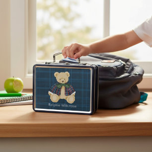 vintage Teddy Bear Blue Tartan  Metal Lunch Box