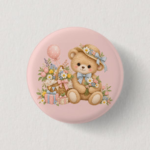 Vintage Teddy Bear Celebration with Wildflowers 3 Cm Round Badge