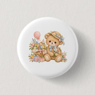 Vintage Teddy Bear Celebration with Wildflowers 3 Cm Round Badge