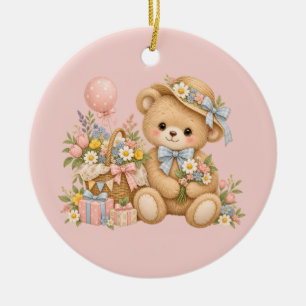 Vintage Teddy Bear Celebration with Wildflowers Ceramic Tree Decoration