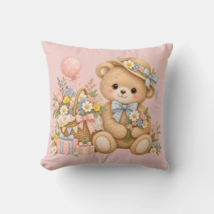 Vintage Teddy Bear Celebration with Wildflowers Cushion
