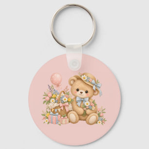 Vintage Teddy Bear Celebration with Wildflowers Key Ring