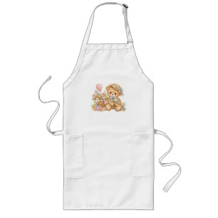 Vintage Teddy Bear Celebration with Wildflowers Long Apron