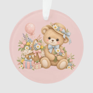 Vintage Teddy Bear Celebration with Wildflowers Ornament