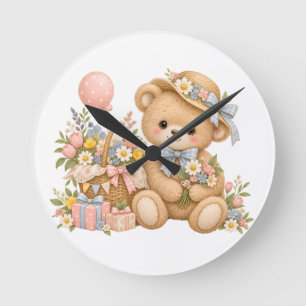 Vintage Teddy Bear Celebration with Wildflowers Round Clock