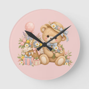 Vintage Teddy Bear Celebration with Wildflowers Round Clock