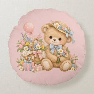 Vintage Teddy Bear Celebration with Wildflowers Round Cushion