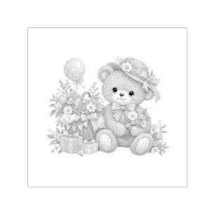 Vintage Teddy Bear Celebration with Wildflowers Self-inking Stamp