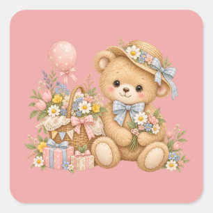 Vintage Teddy Bear Celebration with Wildflowers Square Sticker