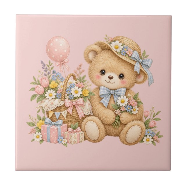 Vintage Teddy Bear Celebration with Wildflowers Tile (Front)