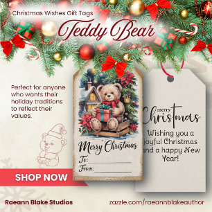 Vintage Teddy Bear Christmas Wishes Gift Tag 