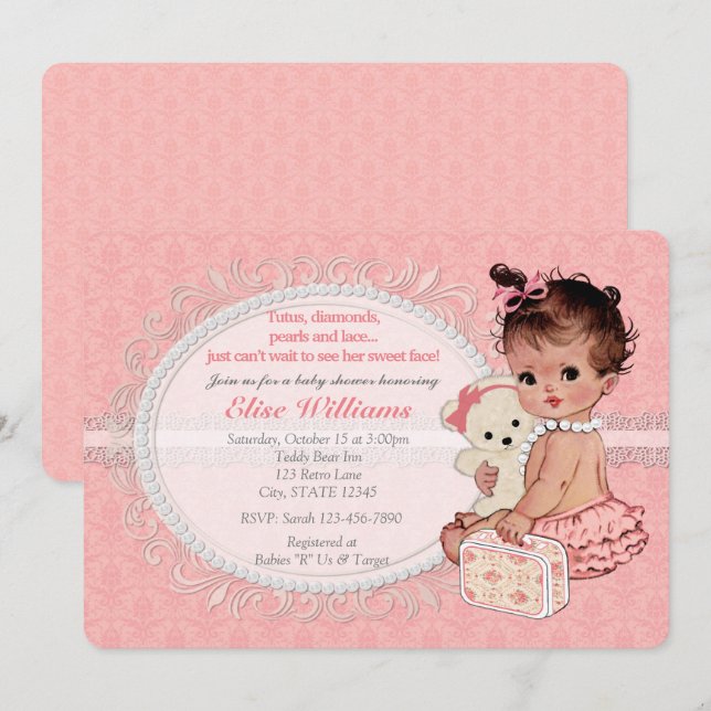 Vintage Teddy Bear Girls Baby Shower Invitations 3 (Front/Back)