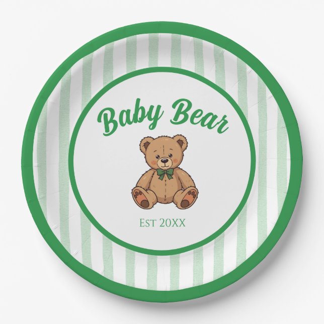 Vintage Teddy Bear Green Baby Shower Plates (Front)