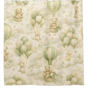 Vintage Teddy Bear Hot Air Balloon Cloud Pattern Shower Curtain
