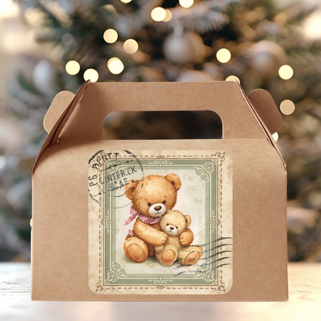 Vintage Teddy Bear Hug Postage Stamp  Square Sticker (Creator Uploaded)