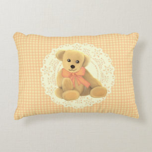 Vintage Teddy Bear on Doily Peach Check Background Decorative Cushion