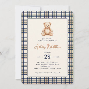 Vintage Teddy Bear Plaid Baby Shower Invitation