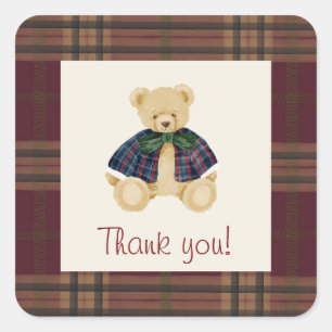 Vintage Teddy Bear Plaid Pattern Thank You Square Sticker