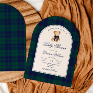 Vintage Teddy bear Preppy Navy Plaid Baby Shower Invitation