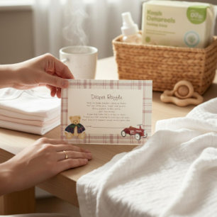 Vintage Teddy Bear Red Toy Car Baby Shower Diaper Enclosure Card