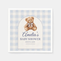 Vintage Teddy Blue Gingham Watercolor Baby Shower