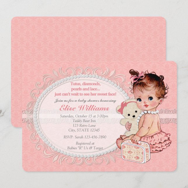 Vintage TeddyBear Girls Baby Shower Invitations (Front/Back)