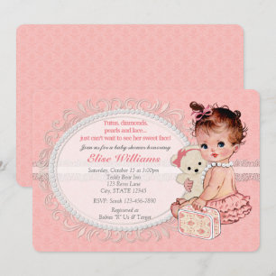 Vintage TeddyBear Girls Baby Shower Invitations