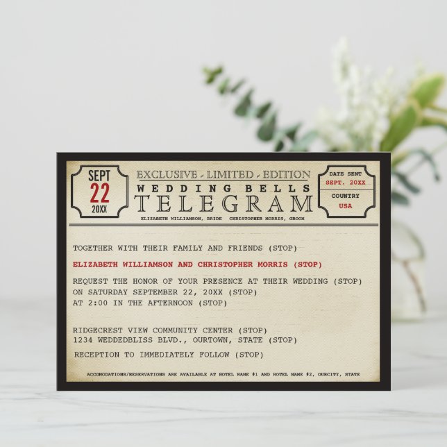 Vintage Telegram Style Wedding Invitation (Standing Front)