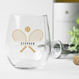 Vintage Tennis Rackets, Tennis Ball & Name Stemless Wine Glass