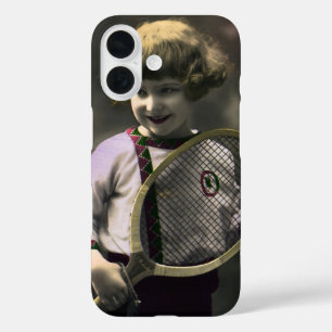 Vintage Tennis Sports, Happy Girl with Racket iPhone 16 Case