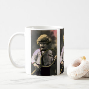 Vintage Tennis Sports, Happy Girl with Racket Coffee Mug