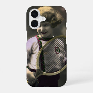 Vintage Tennis Sports, Happy Girl with Racket iPhone 16 Case