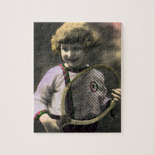 Vintage Tennis Sports, Happy Girl with Racket Jigsaw Puzzle