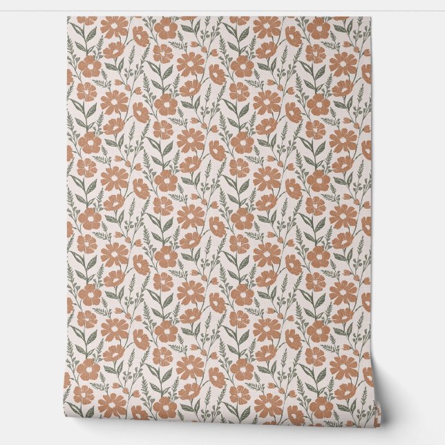 Vintage Terracotta Floral Botanical Pattern Wallpaper (Unrolling)