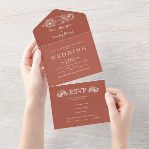 Vintage terracotta floral frame fall wedding all i in one invitation