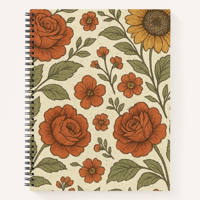 Vintage Terracotta Rose Floral Pattern Notebook (Front)