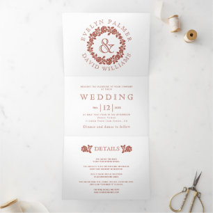 Vintage terracotta rose wreath on white wedding Tri-Fold invitation